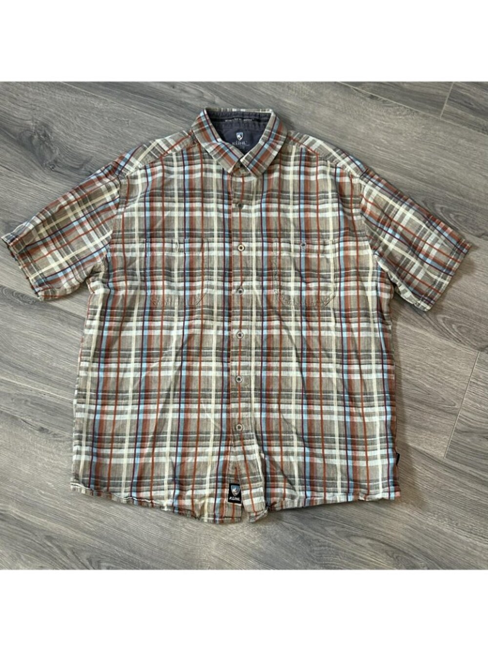 Kuhl Shirt Mens XL Brown Plaid Linen Short Sleeve Button Up Outdoor Hiking - Picture 2 of 13